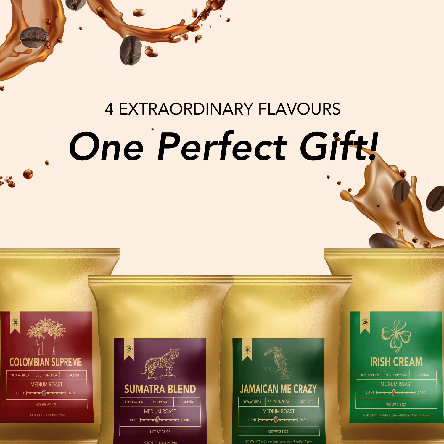 TRIONI Coffee Packets - Includes Irish Cream, Jamaican Me Crazy, Colombian, and Sumatra Flavors - TRIONI Treats