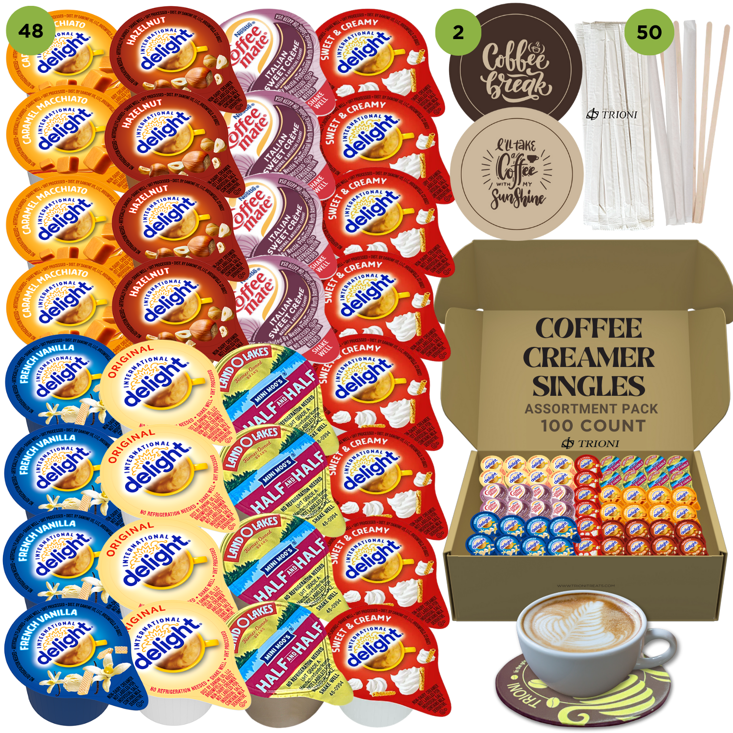International Delight Coffee Creamer Singles Variety Pack - Sweet Cream, Italian Sweet Creme, and 5 More Flavors - TRIONI Treats