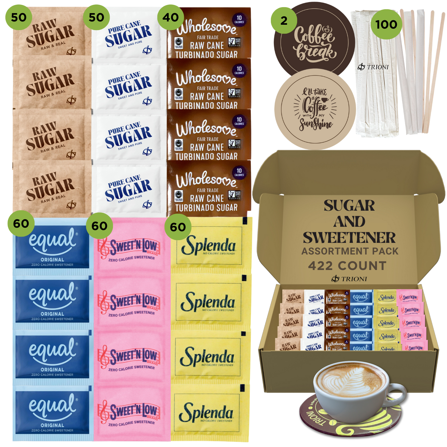 Sugar Packets and Sweetener Packets Variety Pack - 422ct - Splenda, Equal, Sweet n Low, Stevia, Trioni, Wholesome and Organic Sugar in the Raw - TRIONI Treats