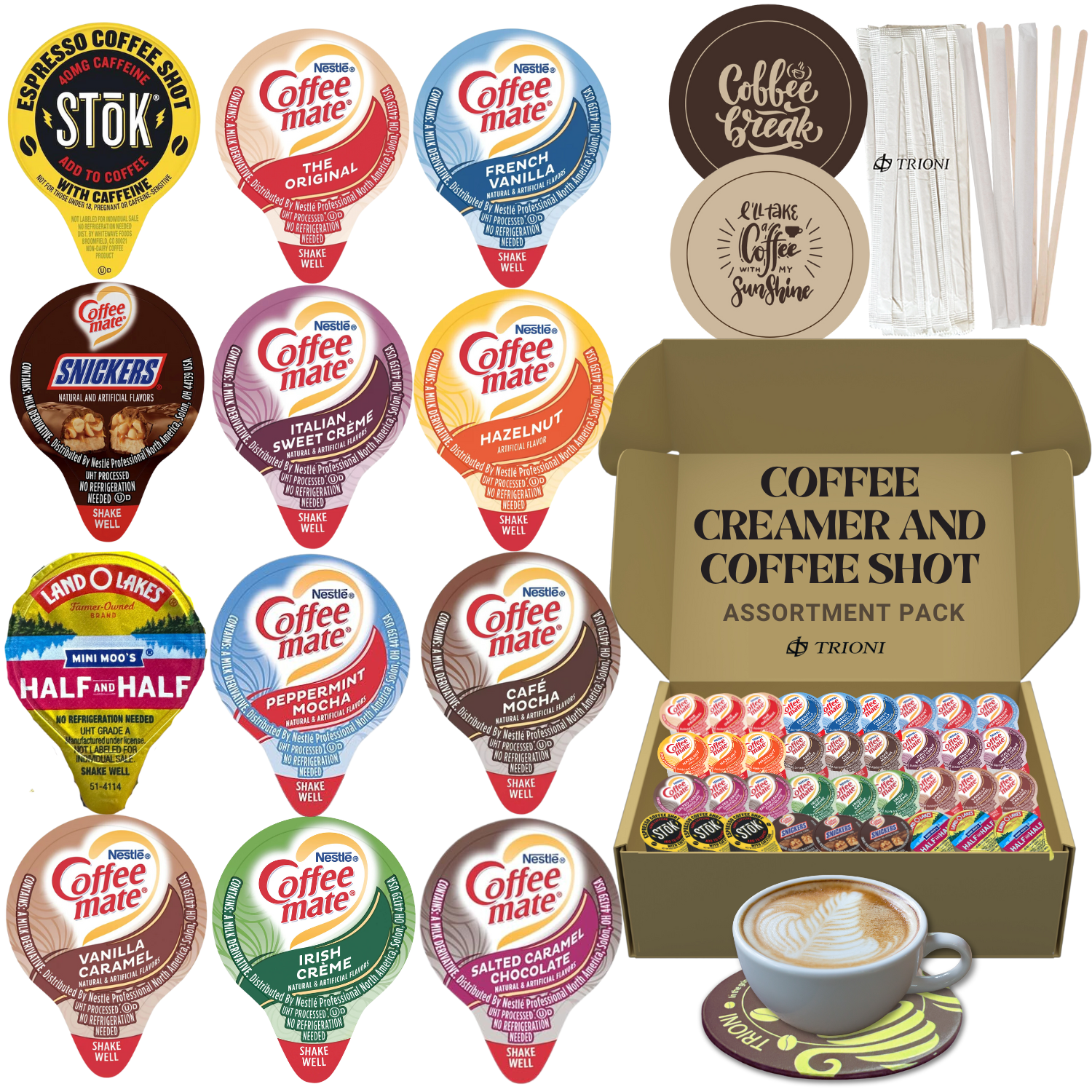 Custom Mix & Match Coffee Mate Creamer Singles & Stok Espresso Shots (6ct each) - TRIONI Treats