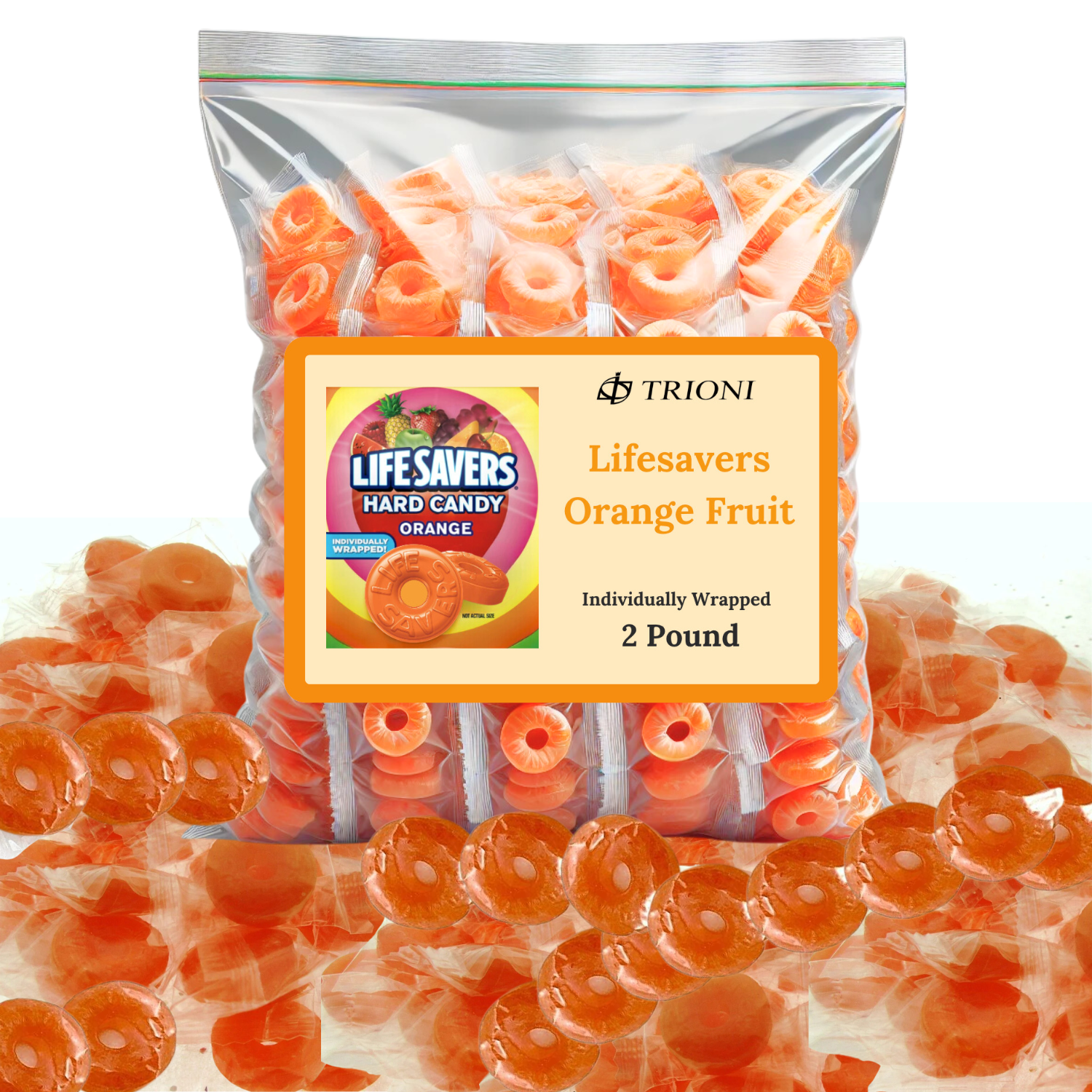 Lifesavers Orange Fruit Flavor Individually Wrapped Hard Candy - 2 pound bag of Life Savers Orange Hard Candy. - TRIONI Treats