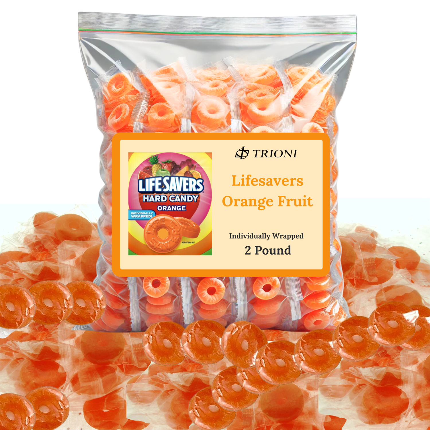 Lifesavers Orange Fruit Flavor Individually Wrapped Hard Candy - 2 pound bag of Life Savers Orange Hard Candy.