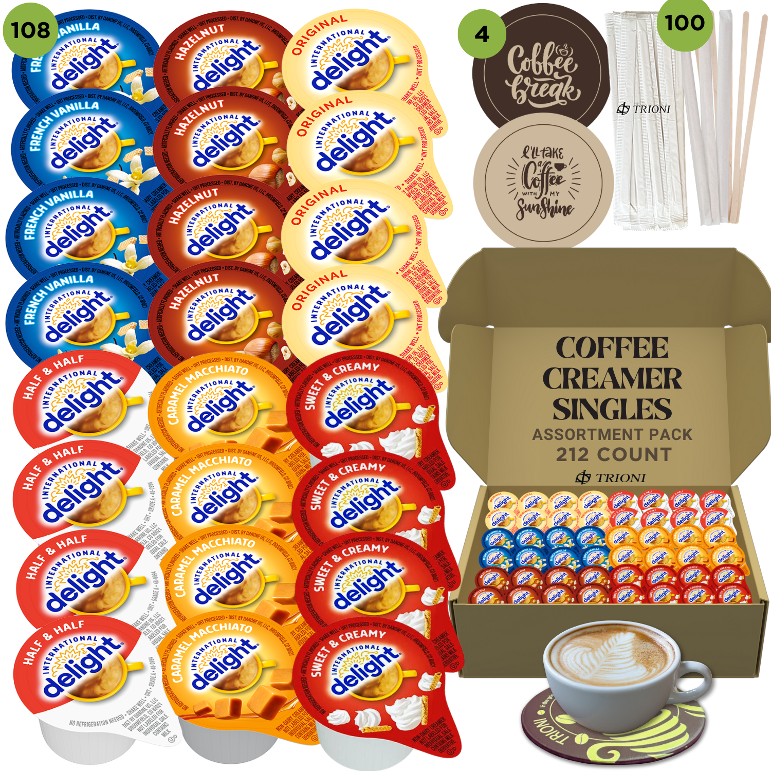 International Delight Coffee Creamer Singles Variety Pack - Sweet Cream and 5 More Flavors - TRIONI Treats