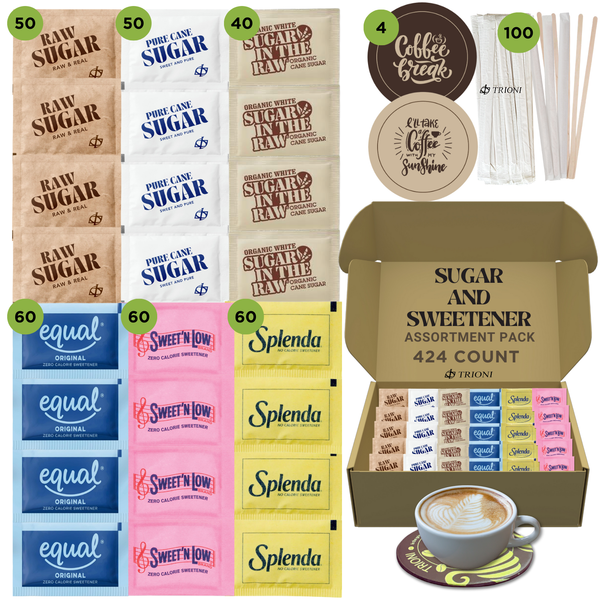 Sugar Packets and Sweetener Packets Variety Pack - 424ct - Splenda, Equal, Sweet n Low, Stevia, Trioni, Wholesome and Organic Sugar in the Raw