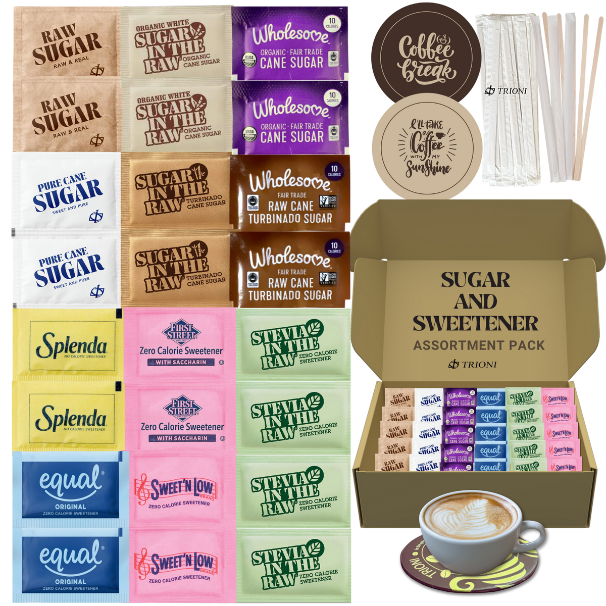Custom Sugar and Sweetener Assortment Packets - Mix & Match (40 - 60ct each) - TRIONI Treats