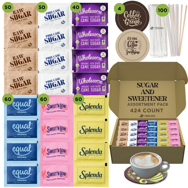 Sugar Packets and Sweetener Packets Variety Pack - 424ct - Splenda, Equal, Sweet n Low, Stevia, Trioni, Wholesome and Organic Sugar in the Raw