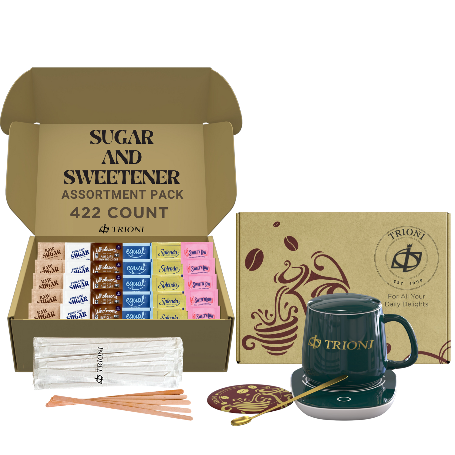 Sugar Packets and Sweetener Packets Variety Pack - 422ct - Splenda, Equal, Sweet n Low, Stevia, Trioni, Wholesome and Organic Sugar in the Raw - TRIONI Treats