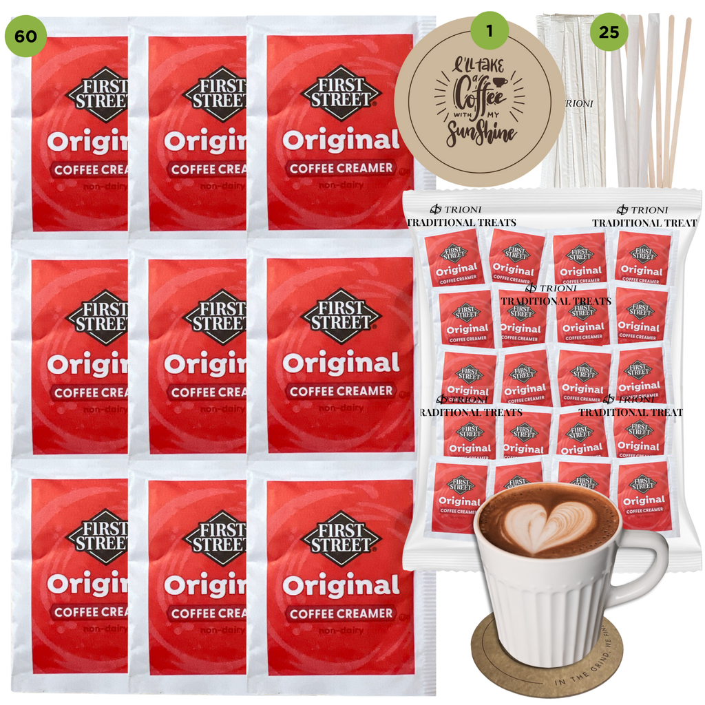 Original Coffee Creamer Singles Powder Packets 86 & 171 ct with TRIONI Coasters & Stirrers - TRIONI Treats