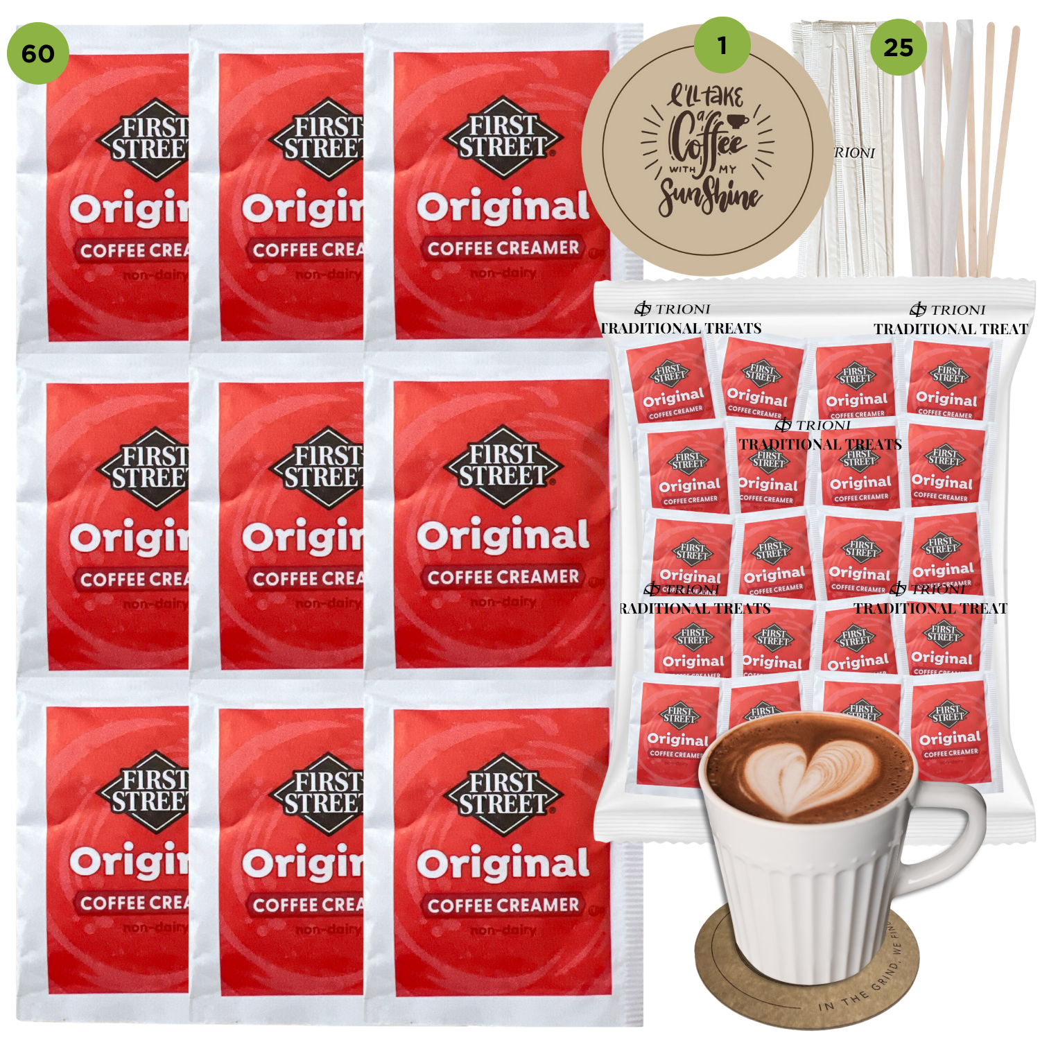Original Coffee Creamer Singles Powder Packets 86 & 171 ct with TRIONI Coasters & Stirrers - TRIONI Treats
