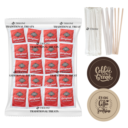 Original Coffee Creamer Singles Powder Packets 86 & 171 ct with TRIONI Coasters & Stirrers - TRIONI Treats
