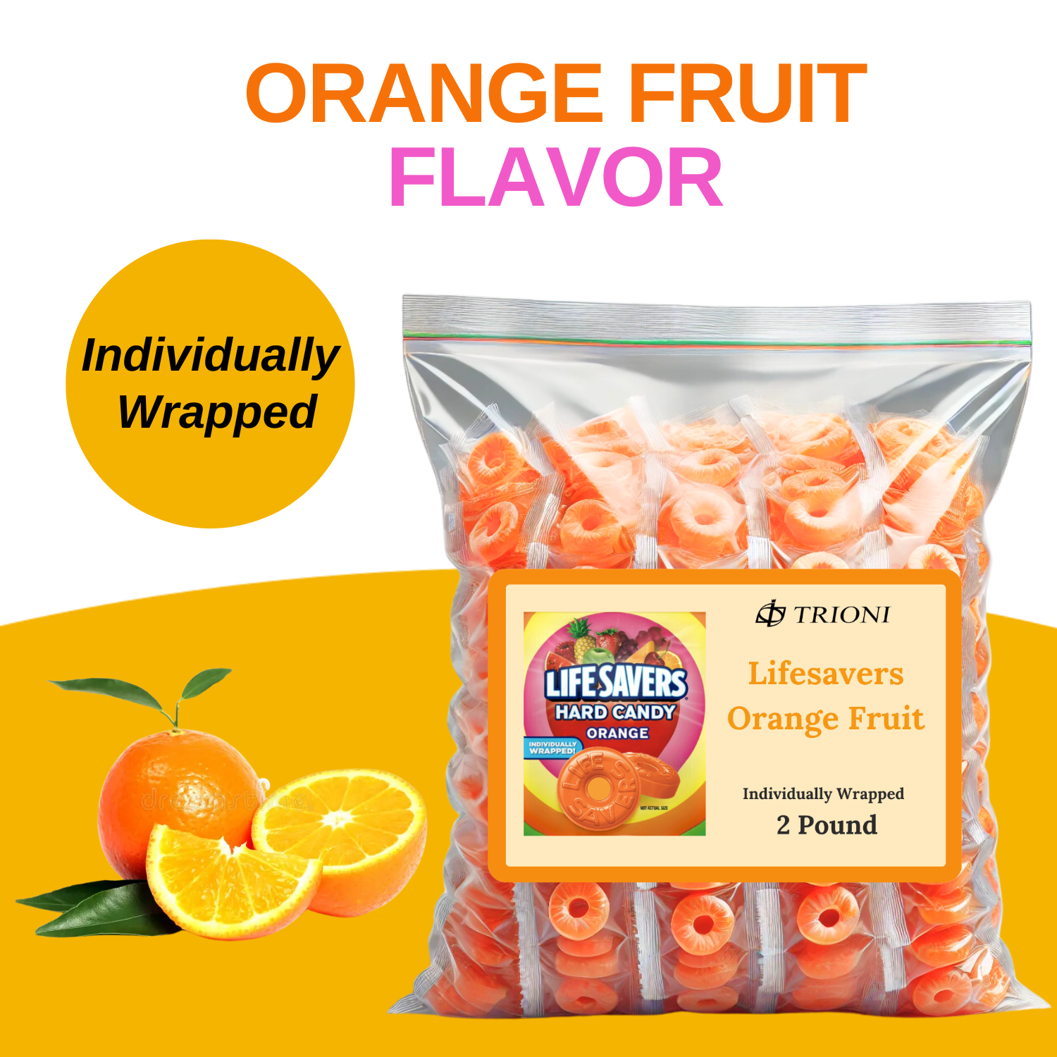 Lifesavers Orange Fruit Flavor Individually Wrapped Hard Candy - 2 pound bag of Life Savers Orange Hard Candy. - TRIONI Treats
