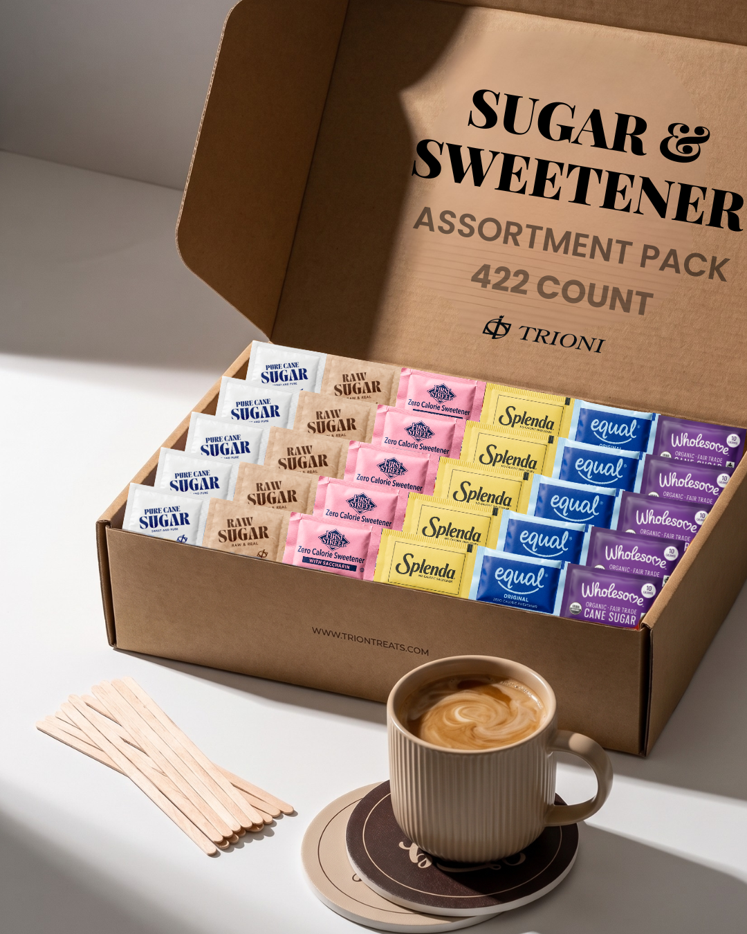 Sugar and Sweetener Packet Assortment – 291 or 422 Count Variety Packs - TRIONI Treats