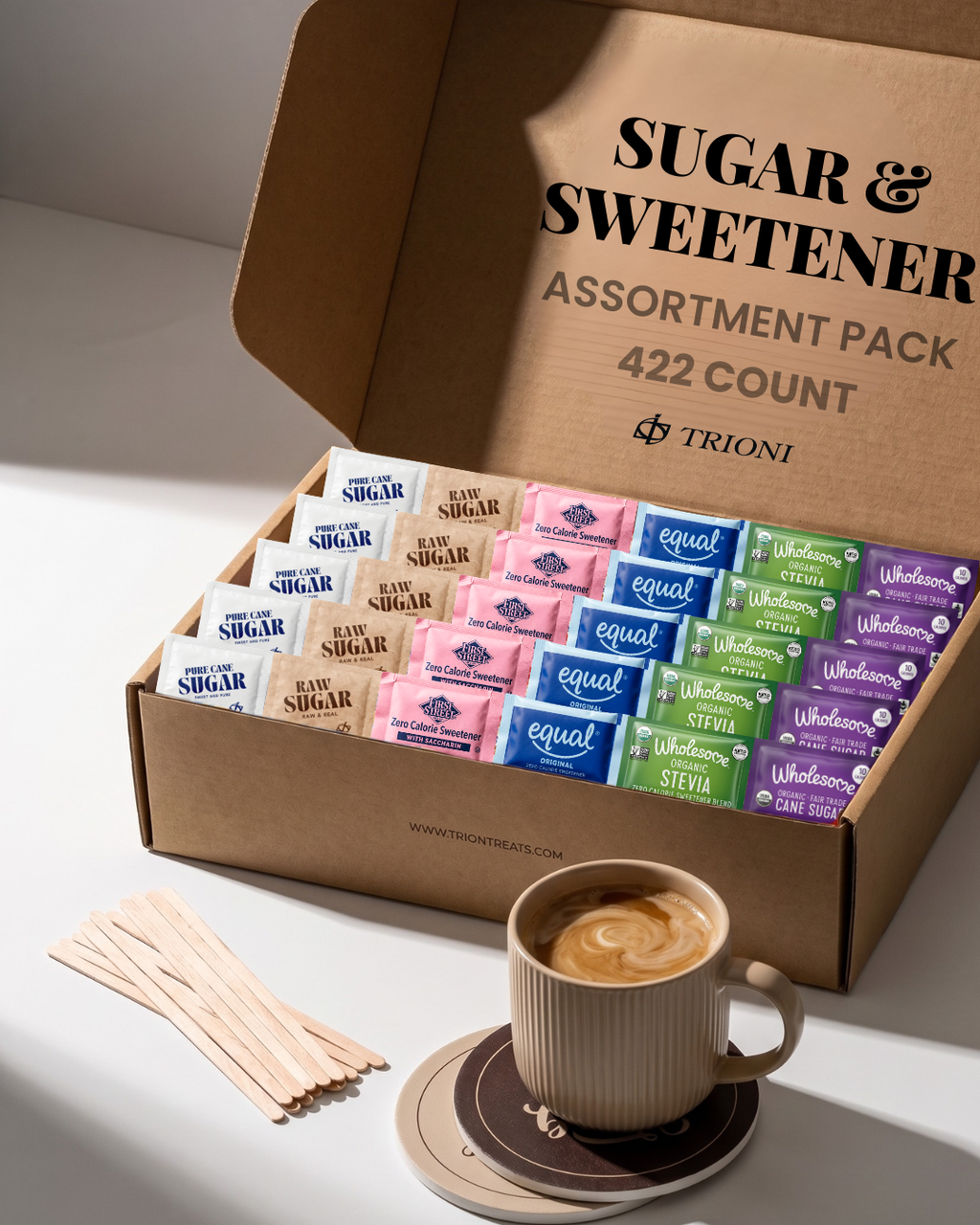 Sugar and Sweetener Packet Assortment – 291 or 422 Count Variety Packs - TRIONI Treats