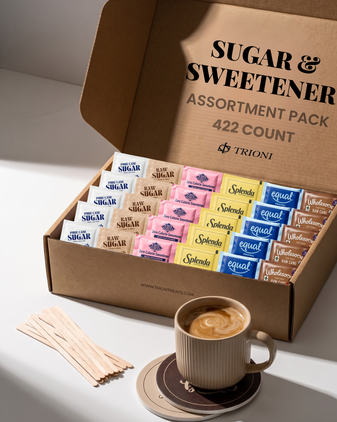 Sugar and Sweetener Packet Assortment – 291 or 422 Count Variety Packs - TRIONI Treats