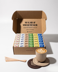 Coffee Creamer Powder Kit with Sugar & Sweetener Assortment Pack, Stirrers & Coasters - TRIONI Treats
