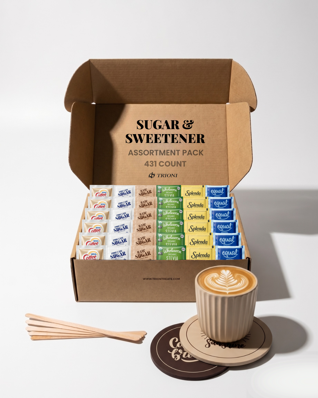 Coffee Creamer Powder Kit with Sugar & Sweetener Assortment Pack, Stirrers & Coasters - TRIONI Treats