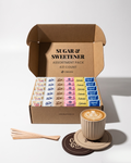 Coffee Creamer Powder Kit with Sugar & Sweetener Assortment Pack, Stirrers & Coasters - TRIONI Treats