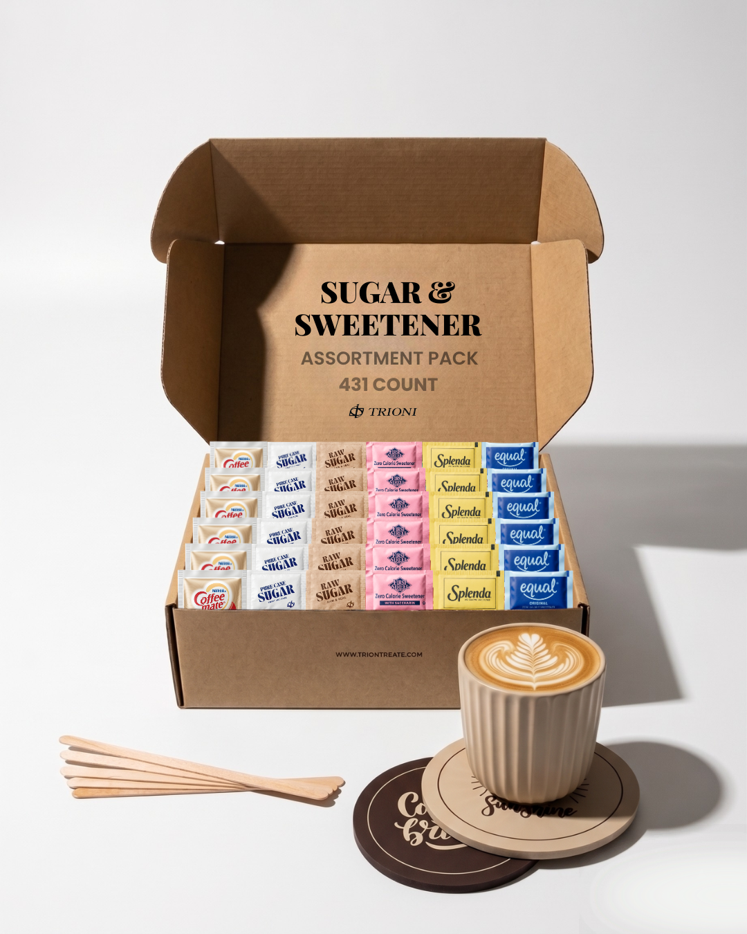 Coffee Creamer Powder Kit with Sugar & Sweetener Assortment Pack, Stirrers & Coasters - TRIONI Treats