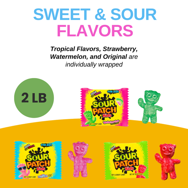 Sour Patch Kids Fun Size Candy - 2LB of Tropical, Watermelon, and Original Individually Wrapped Variety Pack