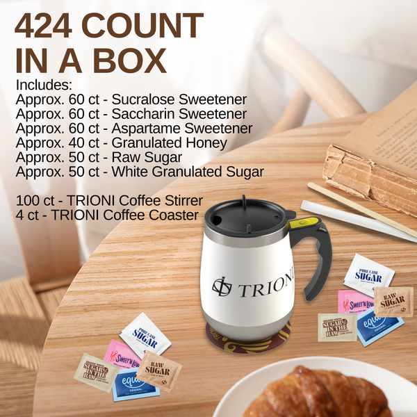 Sugar Packets and Sweetener Packets Variety Pack - 424ct - Splenda, Equal, Sweet n Low, Stevia, Trioni, Wholesome and Organic Sugar in the Raw