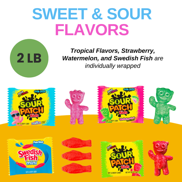 Sour Patch Kids and Swedish Fish Individual Packs Fun Size - 2 LB of Sour Patch Tropical, Watermelon, Original, and Swedish Fish