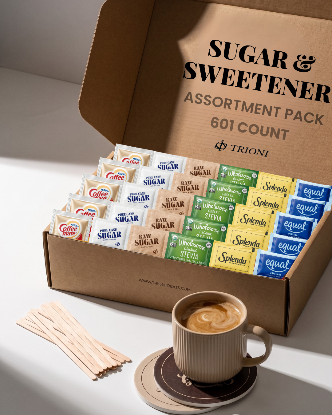 Coffee Creamer Powder Kit with Sugar & Sweetener Assortment Pack, Stirrers & Coasters - TRIONI Treats