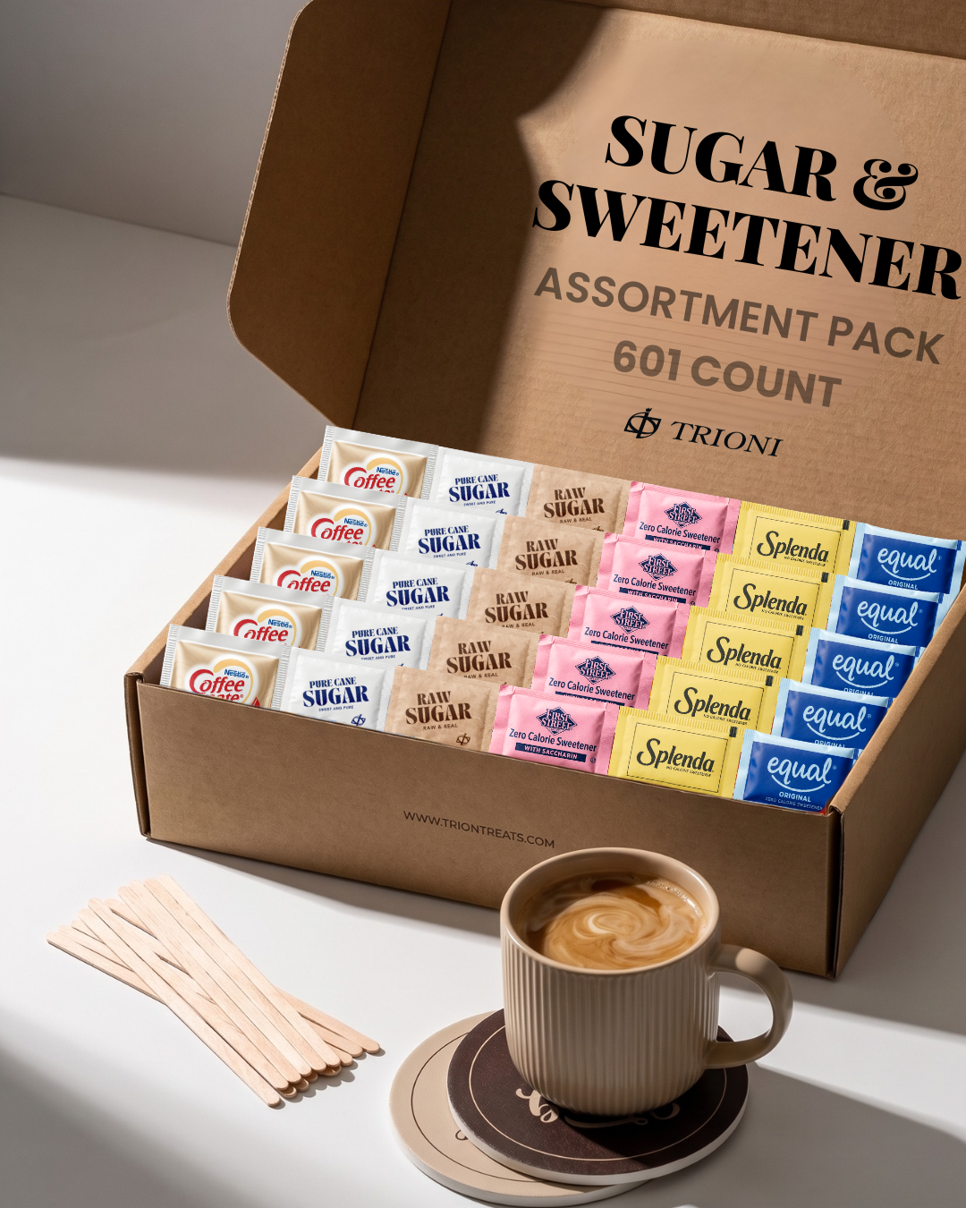 Coffee Creamer Powder Kit with Sugar & Sweetener Assortment Pack, Stirrers & Coasters - TRIONI Treats