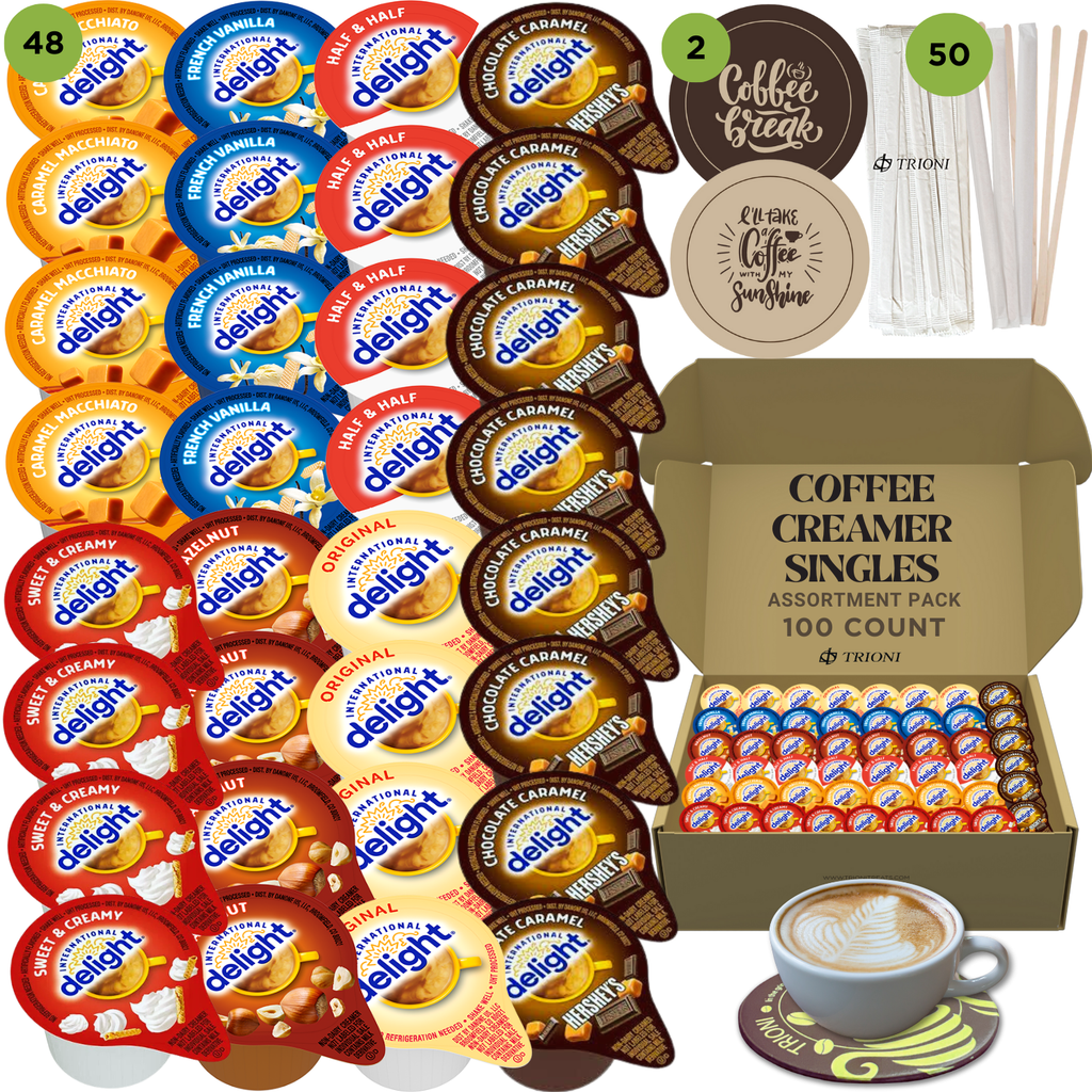 International Delight Coffee Creamer Singles Variety Pack - Hershey, Sweet Cream, and 5 More Flavors - TRIONI Treats