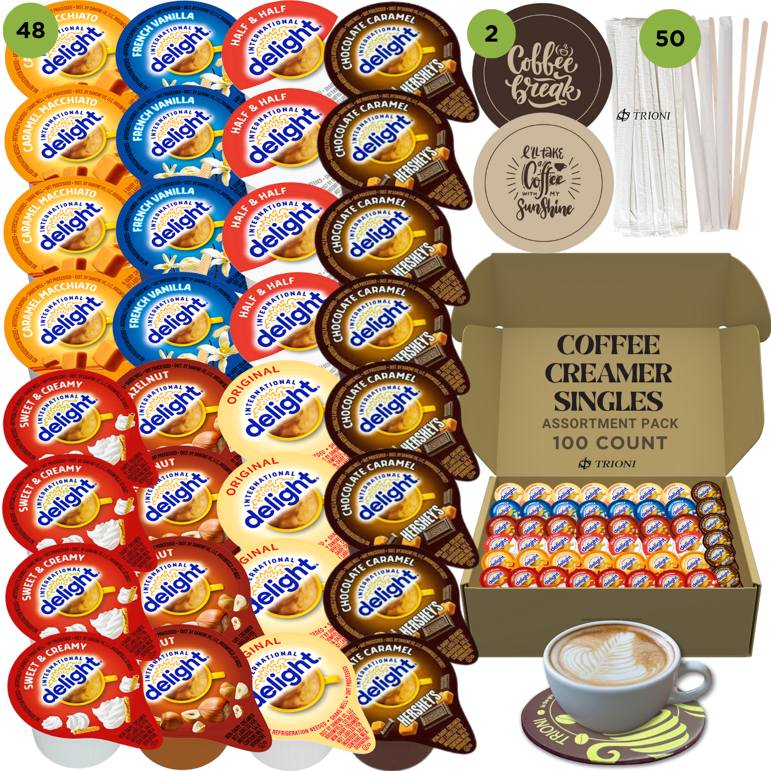 International Delight Coffee Creamer Singles Variety Pack - Hershey, Sweet Cream, and 5 More Flavors - TRIONI Treats