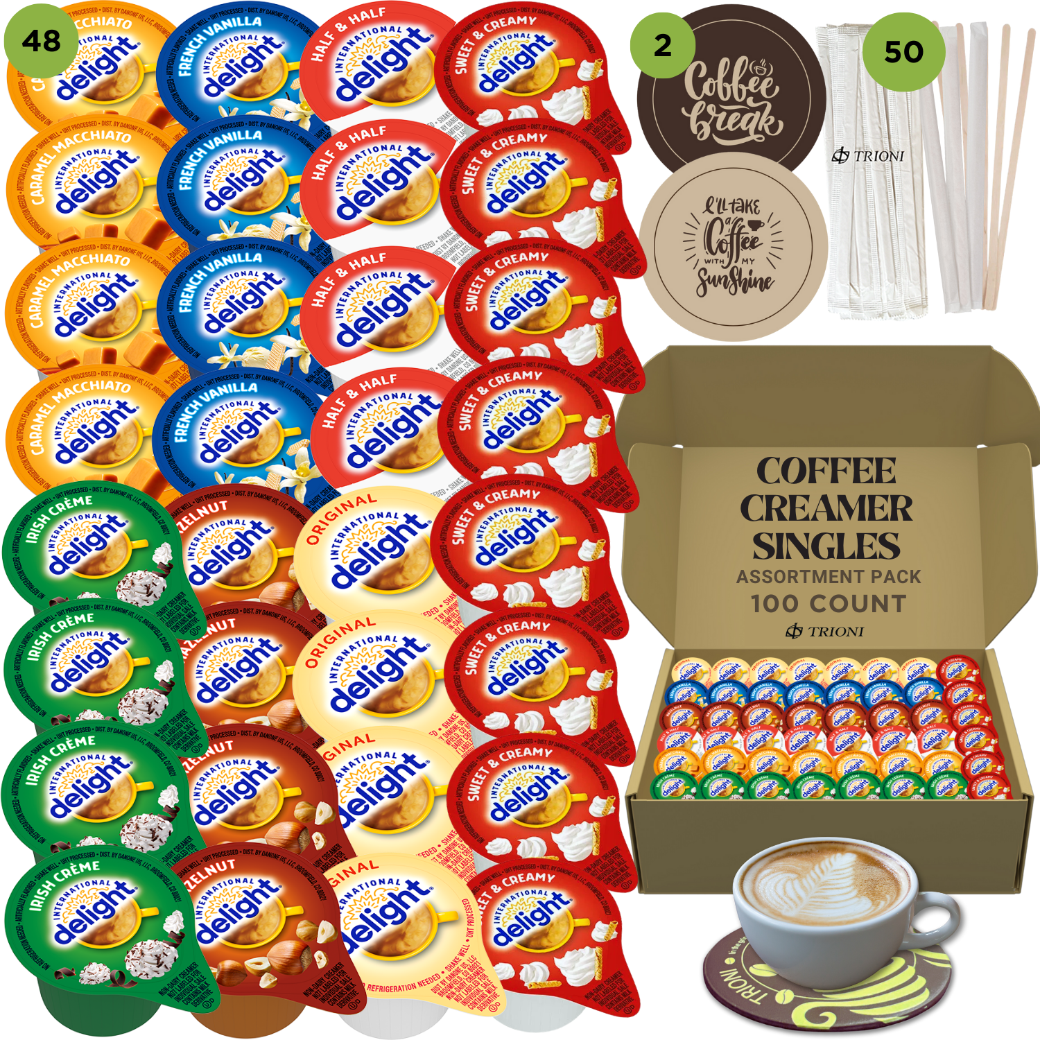 International Delight Coffee Creamer Singles Variety Pack - Sweet Cream, Irish Creme, and 5 More Flavors - TRIONI Treats