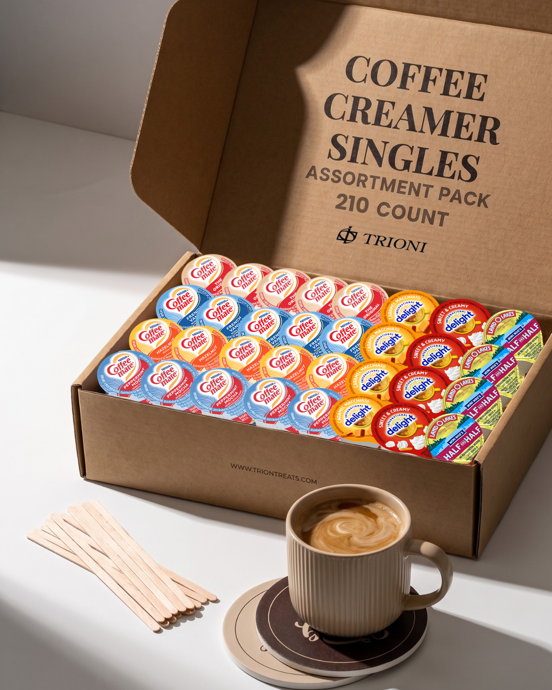 Coffee Mate Creamer Singles 7-Flavor Variety Pack with Peppermint Mocha, Sweet Cream & More - TRIONI Treats