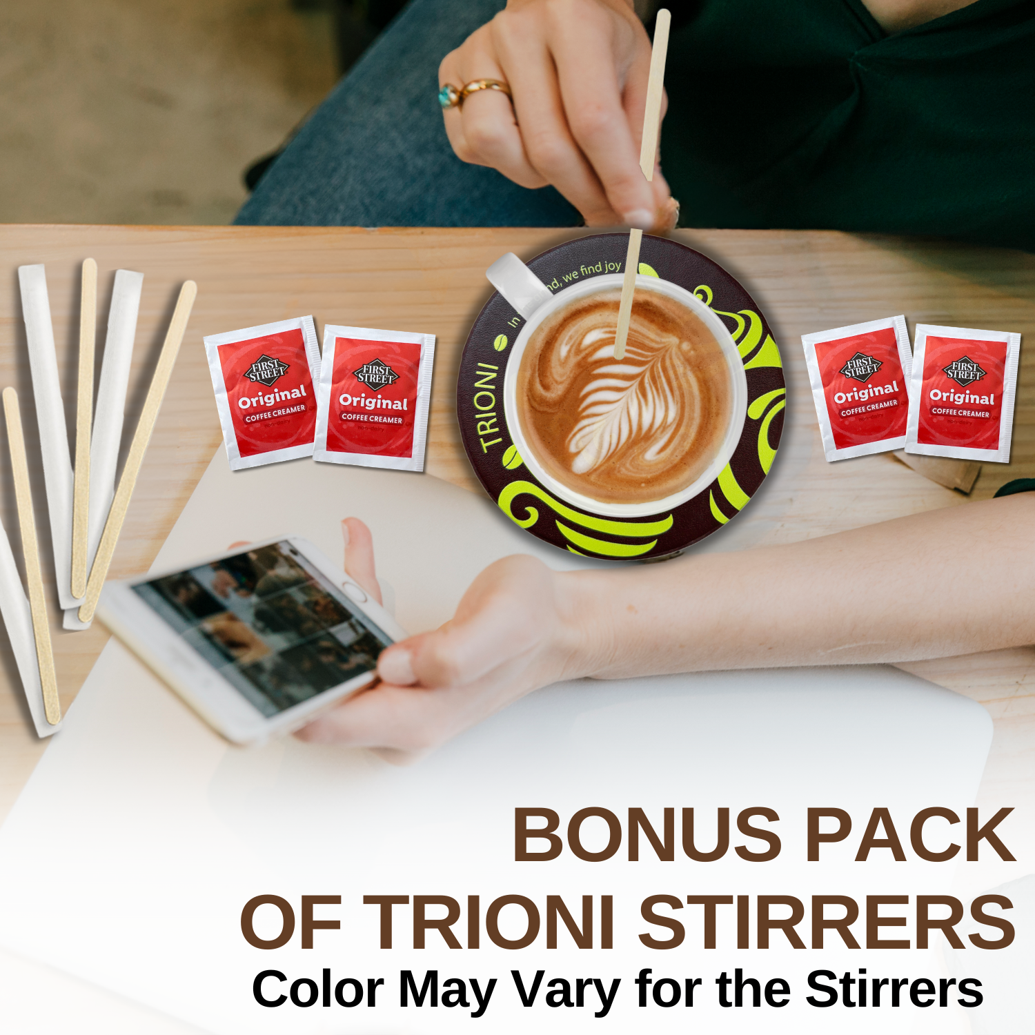 Original Coffee Creamer Singles Powder Packets 86 & 171 ct with TRIONI Coasters & Stirrers - TRIONI Treats