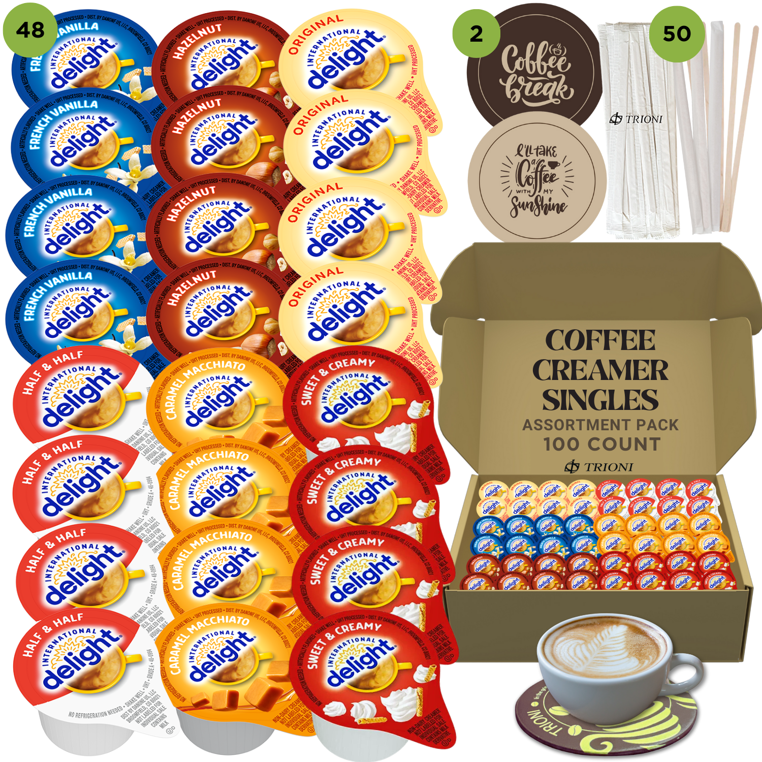 International Delight Coffee Creamer Singles Variety Pack - Sweet Cream and 5 More Flavors - TRIONI Treats