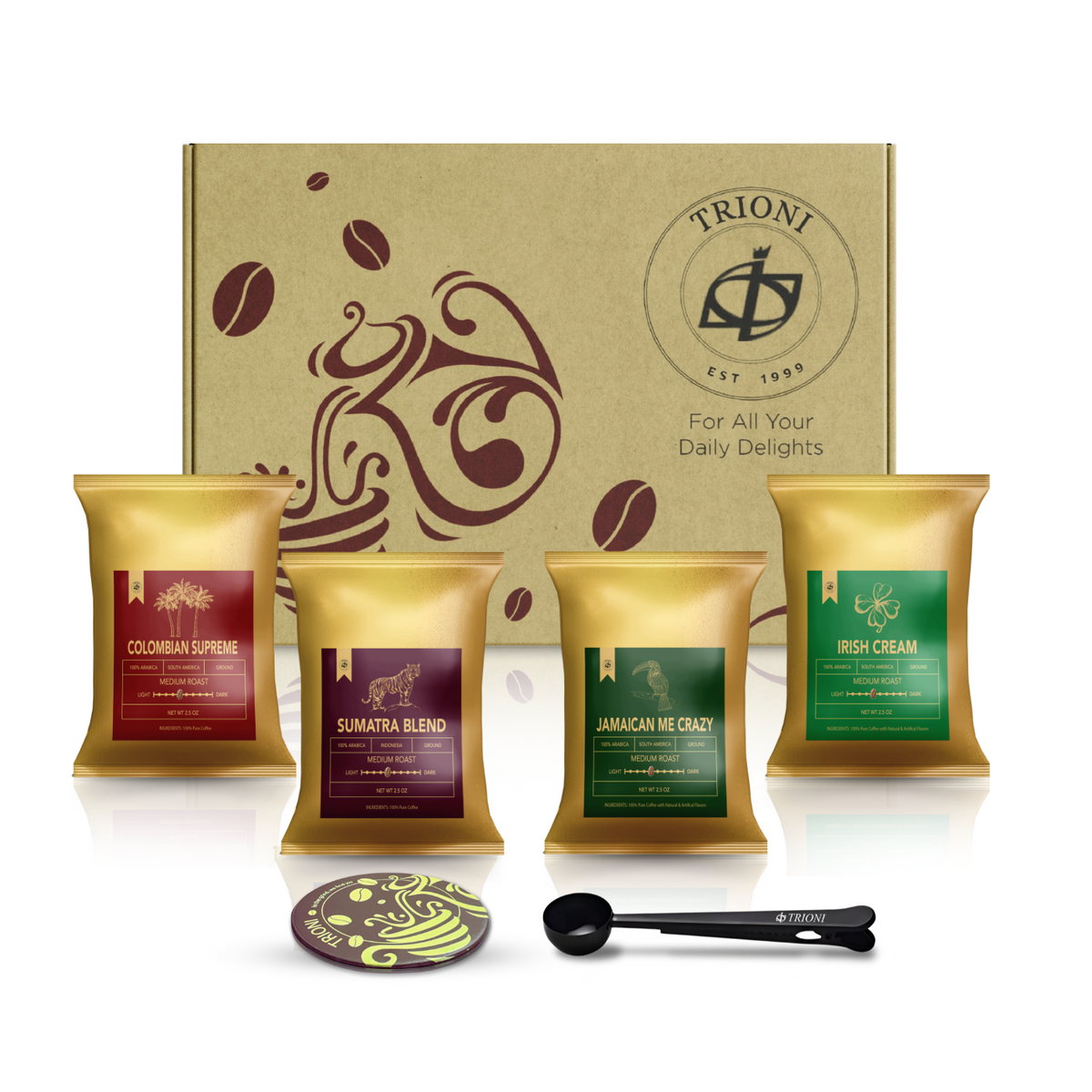 TRIONI Coffee Packets - Includes Irish Cream, Jamaican Me Crazy, Colombian, and Sumatra Flavors - TRIONI Treats