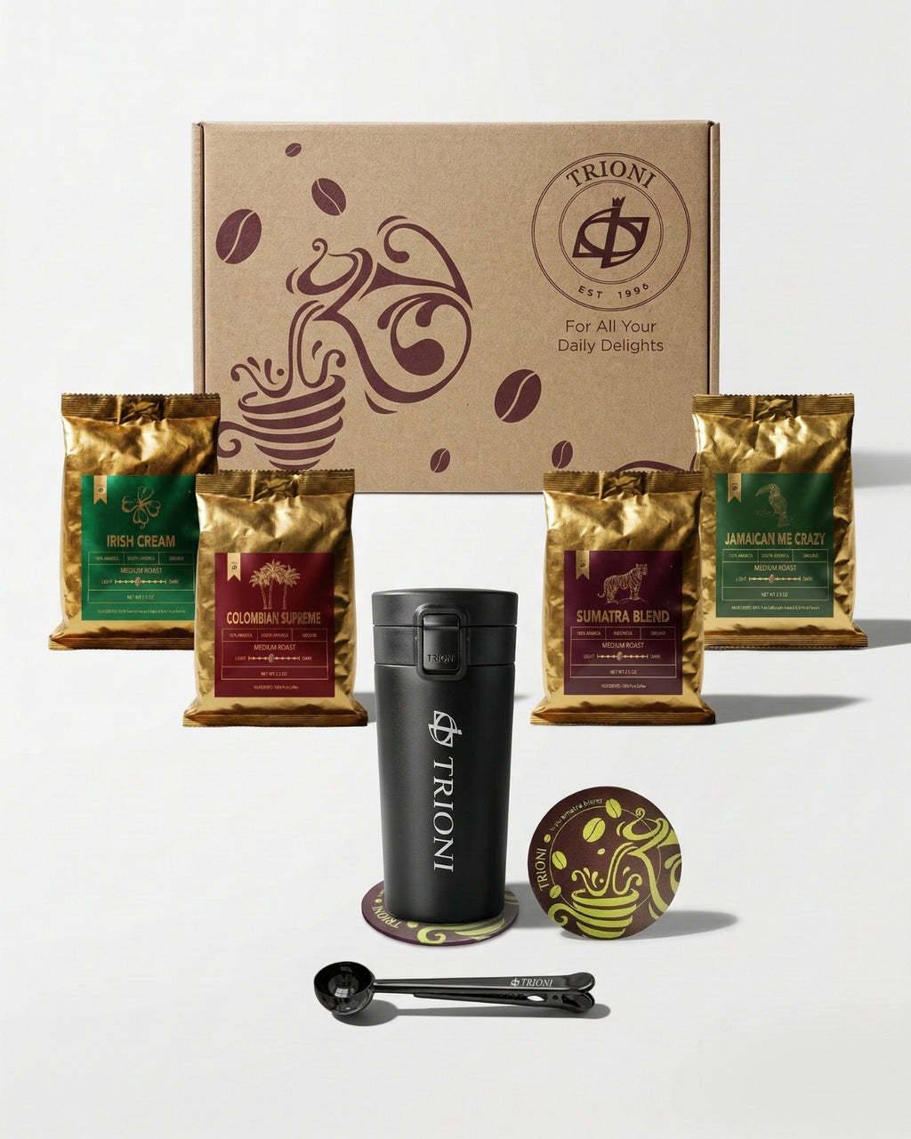 TRIONI Deluxe Coffee Sampler Gift Set Includes Insulated Coffee Mug with Lid, Ground Coffee Packets, Coffee Scoop with Clip and a Coaster - TRIONI Treats
