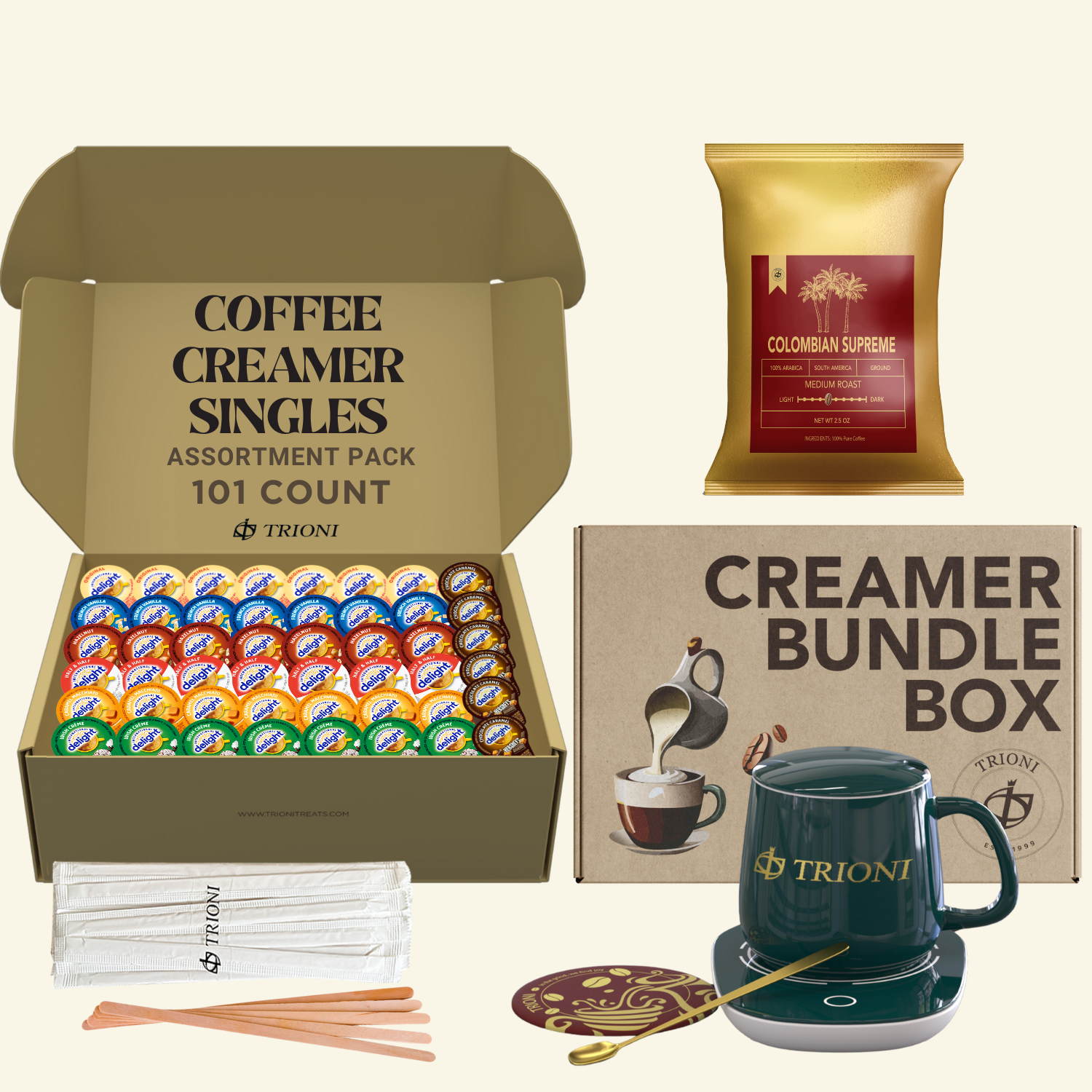 International Delight Creamer Singles with Medium Roast Flavored Ground Coffee Packets - 101 ct Creamer Pods & 1x2.5 oz Coffee Bag - TRIONI Treats