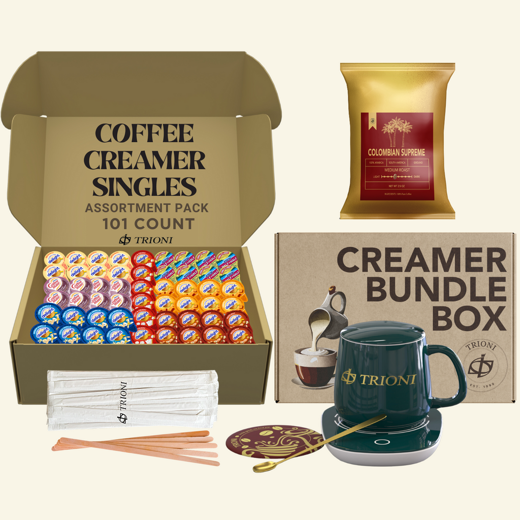 International Delight Coffee Creamer Singles with Ground Coffee - 101ct of Italian, Sweet Cream and 5 more Flavored Pods with 1x2.5 oz TRIONI Medium Roast Coffee Packets - TRIONI Treats