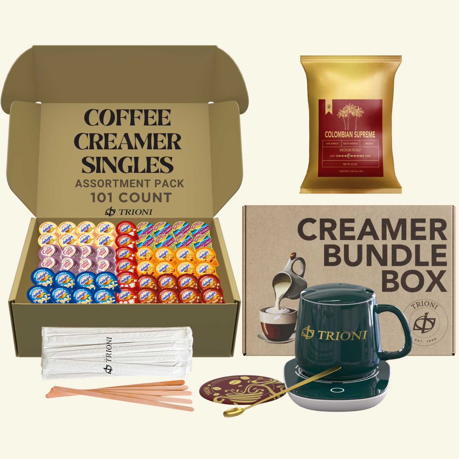 International Delight Coffee Creamer Singles with Ground Coffee - 101ct of Italian, Sweet Cream and 5 more Flavored Pods with 1x2.5 oz TRIONI Medium Roast Coffee Packets - TRIONI Treats