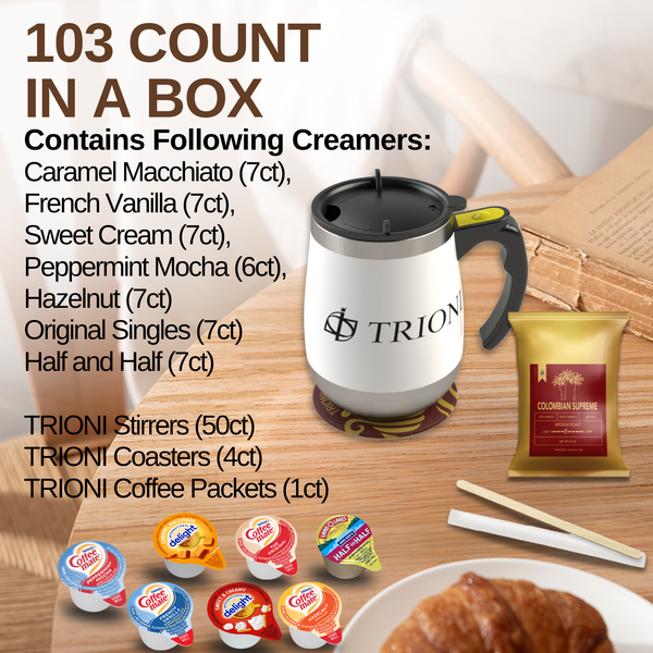 Coffee Mate Coffee Creamer Singles with Ground Coffee - 103ct of Peppermint, Sweet and 5 more Flavored Pods with 1x2.5 oz TRIONI Medium Roast Coffee Packets