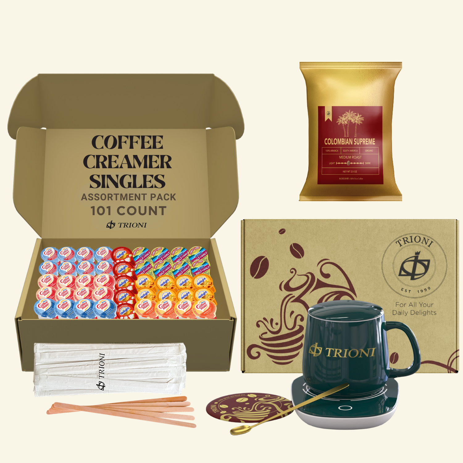 Coffee Mate Coffee Creamer Singles with Ground Coffee - 101ct of Peppermint, Sweet and 5 more Flavored Pods with 1x2.5 oz TRIONI Medium Roast Coffee Packets - TRIONI Treats
