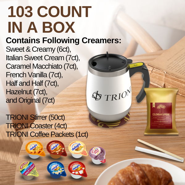 International Delight Coffee Creamer Singles with Ground Coffee - 103ct of Italian, Sweet Cream and 5 more Flavored Pods with 1x2.5 oz TRIONI Medium Roast Coffee Packets