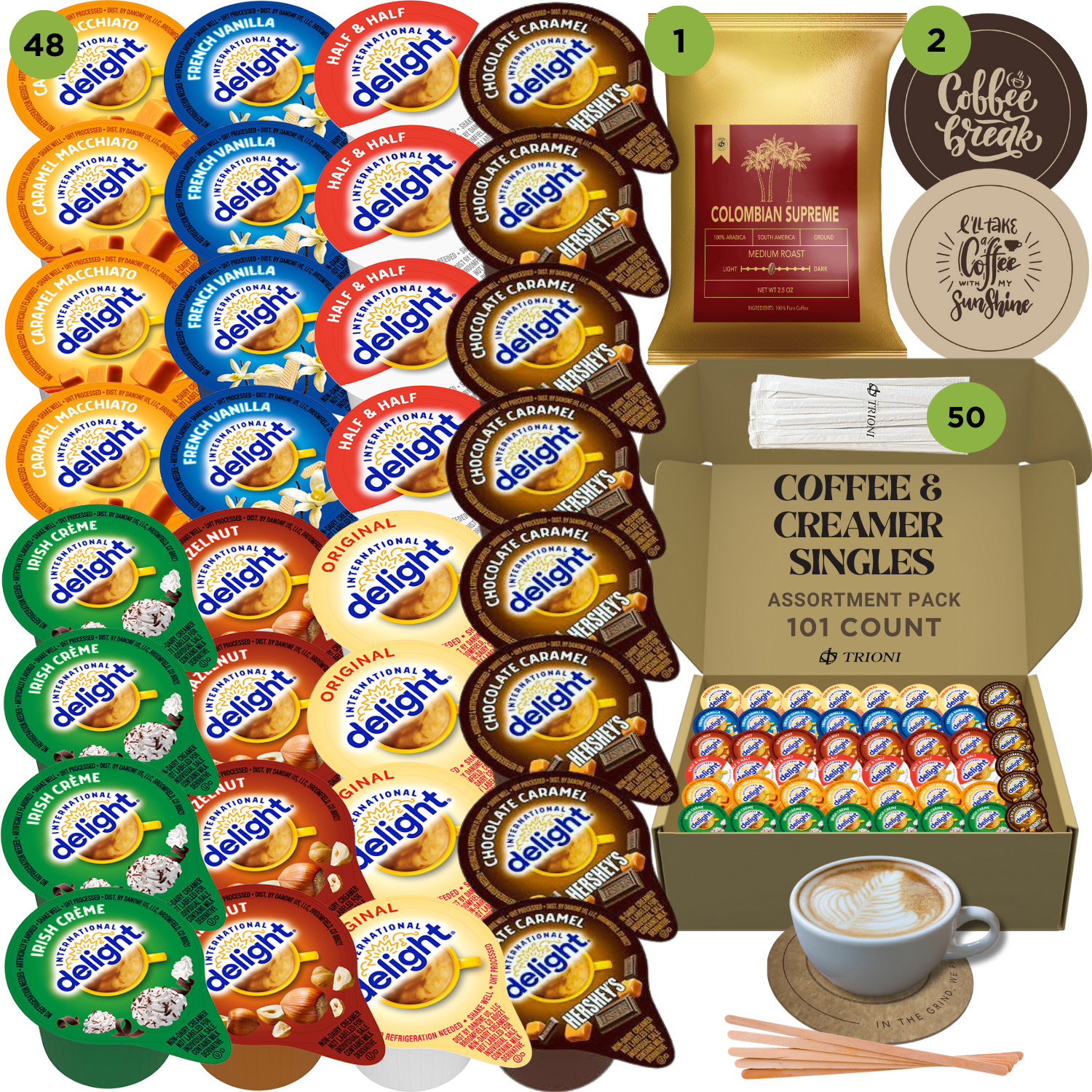 International Delight Creamer Singles with Medium Roast Flavored Ground Coffee Packets - 101 ct Creamer Pods & 1x2.5 oz Coffee Bag - TRIONI Treats