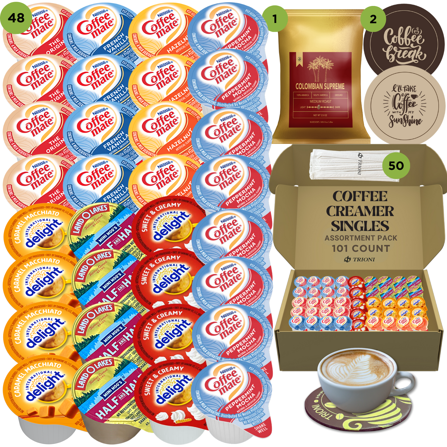 Coffee Mate Coffee Creamer Singles with Ground Coffee - 101ct of Peppermint, Sweet and 5 more Flavored Pods with 1x2.5 oz TRIONI Medium Roast Coffee Packets - TRIONI Treats