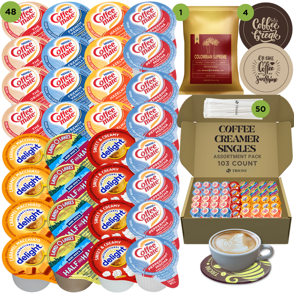 Coffee Mate Coffee Creamer Singles with Ground Coffee - 103ct of Peppermint, Sweet and 5 more Flavored Pods with 1x2.5 oz TRIONI Medium Roast Coffee Packets