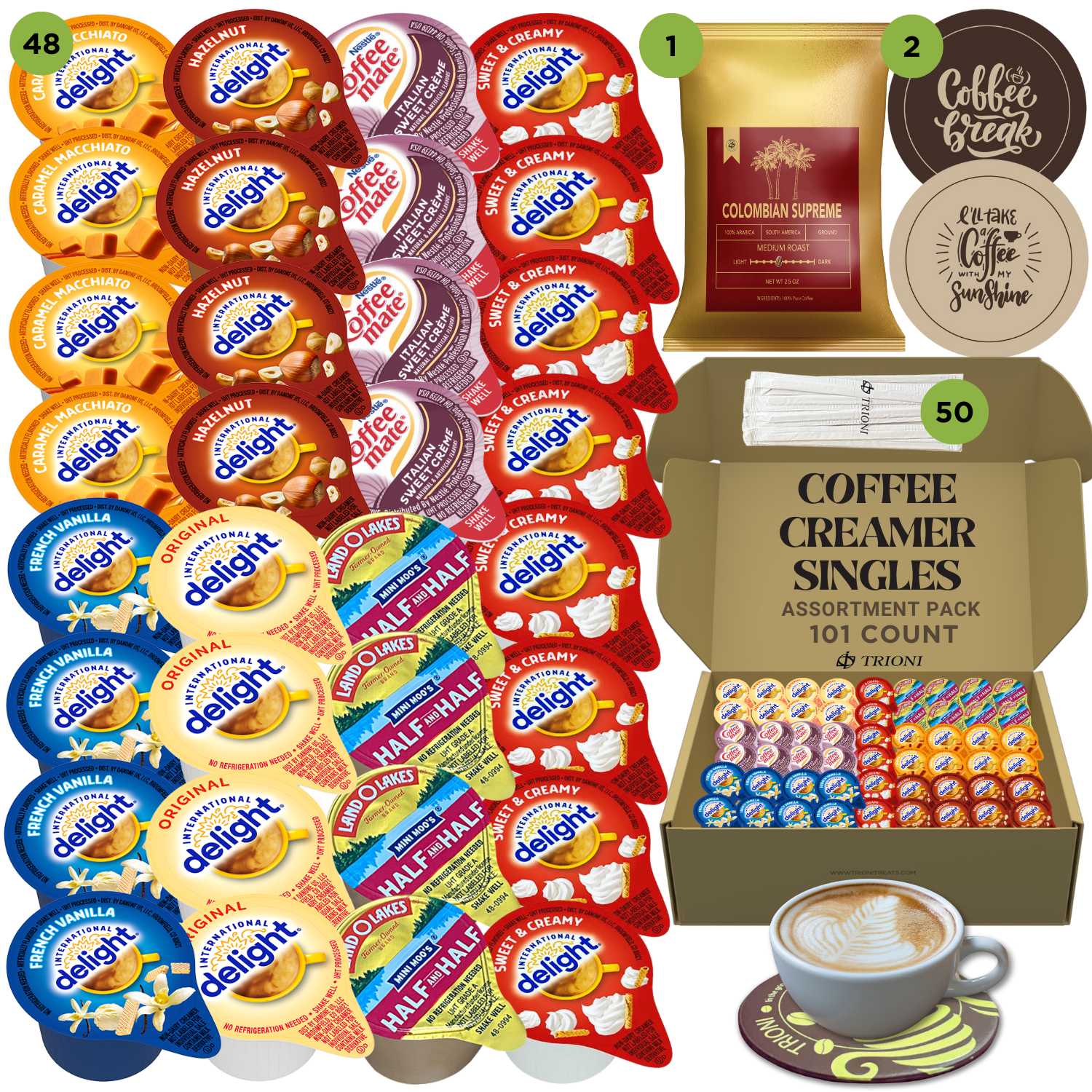 International Delight Coffee Creamer Singles with Ground Coffee - 101ct of Italian, Sweet Cream and 5 more Flavored Pods with 1x2.5 oz TRIONI Medium Roast Coffee Packets - TRIONI Treats