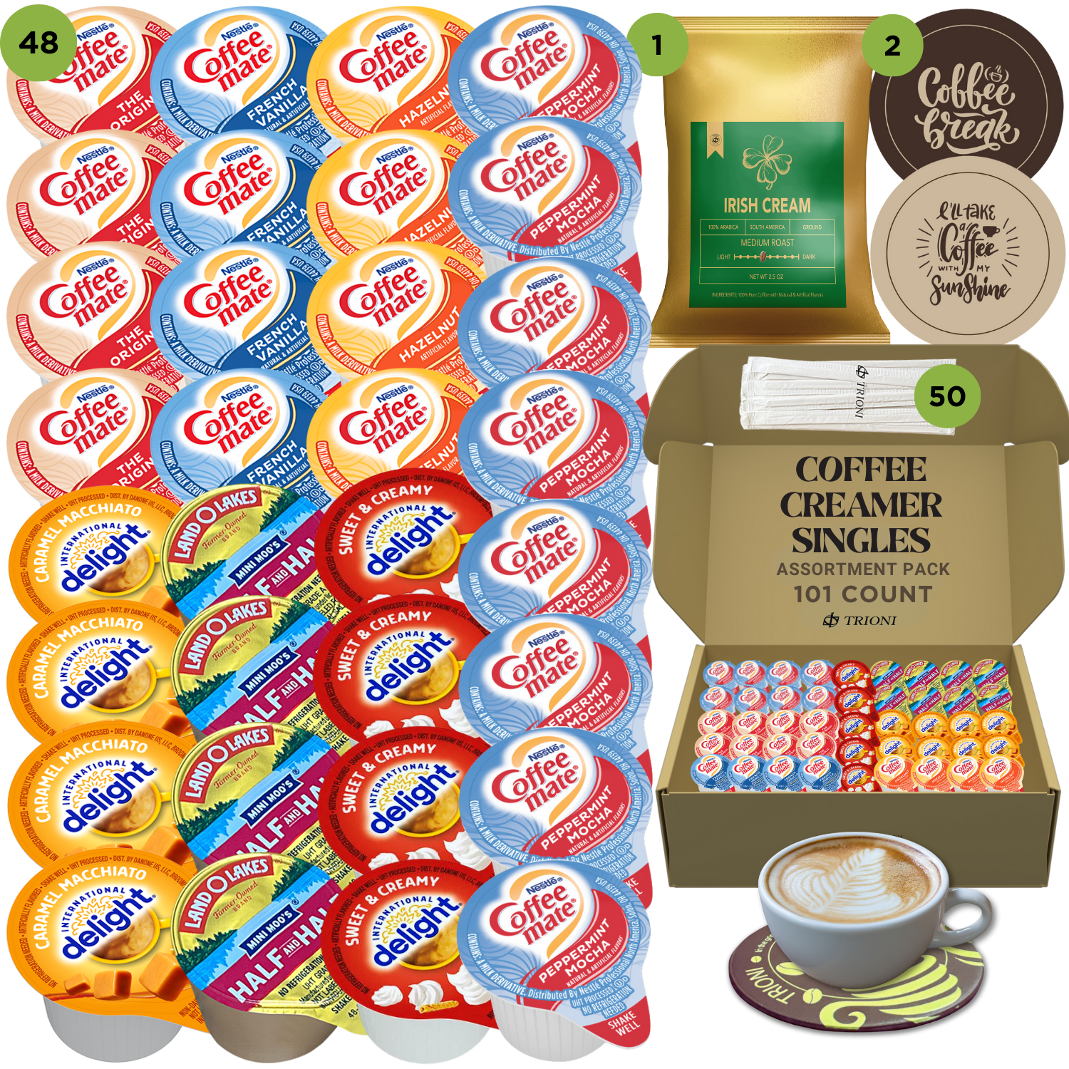 Coffee Mate Coffee Creamer Singles with Ground Coffee - 101ct of Peppermint, Sweet and 5 more Flavored Pods with 1x2.5 oz TRIONI Medium Roast Coffee Packets - TRIONI Treats
