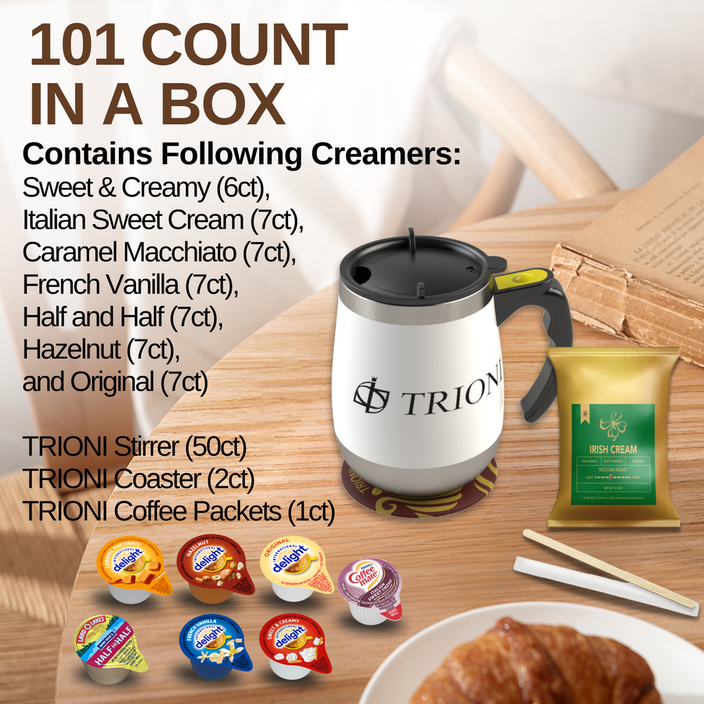 International Delight Coffee Creamer Singles with Ground Coffee - 101ct of Italian, Sweet Cream and 5 more Flavored Pods with 1x2.5 oz TRIONI Medium Roast Coffee Packets - TRIONI Treats