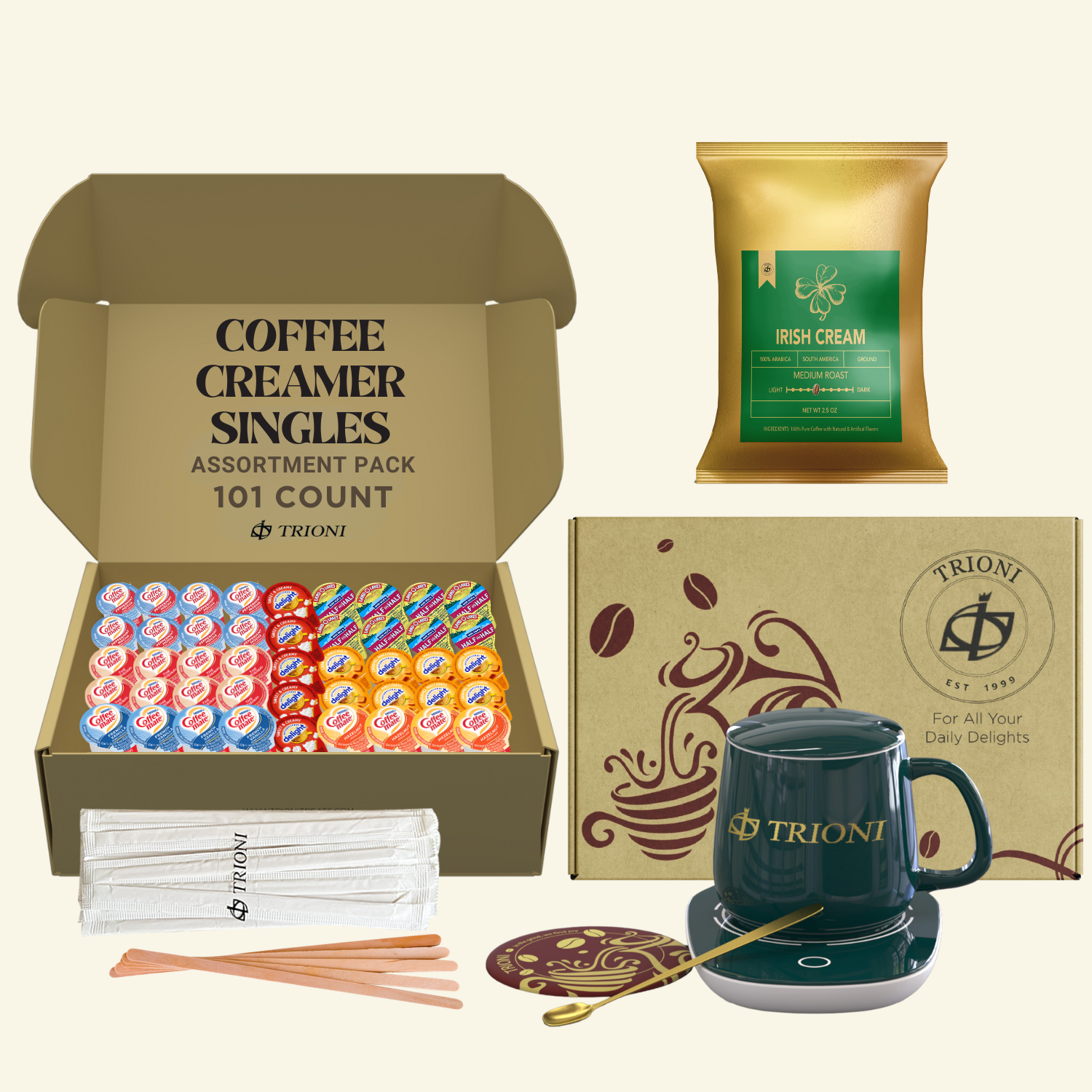 Coffee Mate Coffee Creamer Singles with Ground Coffee - 101ct of Peppermint, Sweet and 5 more Flavored Pods with 1x2.5 oz TRIONI Medium Roast Coffee Packets - TRIONI Treats