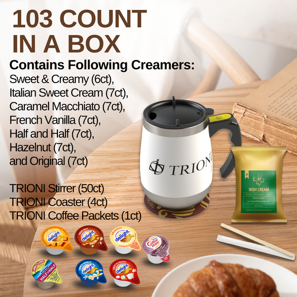 International Delight Coffee Creamer Singles with Ground Coffee - 103ct of Italian, Sweet Cream and 5 more Flavored Pods with 1x2.5 oz TRIONI Medium Roast Coffee Packets