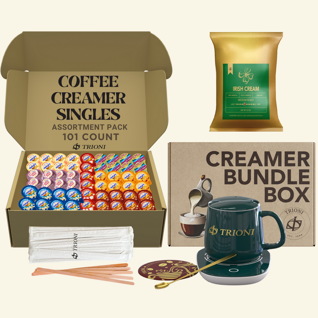 International Delight Coffee Creamer Singles with Ground Coffee - 101ct of Italian, Sweet Cream and 5 more Flavored Pods with 1x2.5 oz TRIONI Medium Roast Coffee Packets - TRIONI Treats